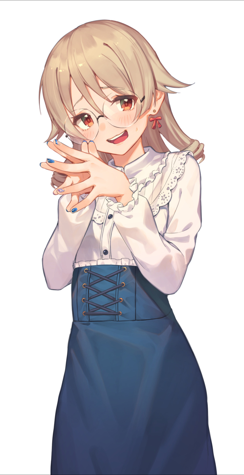 1girl absurdres bangs blue_dress blue_nails blush brown_eyes commentary_request dress drill_hair earrings eyebrows_visible_through_hair glasses hair_between_eyes highres idolmaster idolmaster_cinderella_girls jewelry kotoribako light_brown_hair long_hair looking_at_viewer morikubo_nono nail_polish open_mouth short_hair simple_background solo upper_teeth white_background