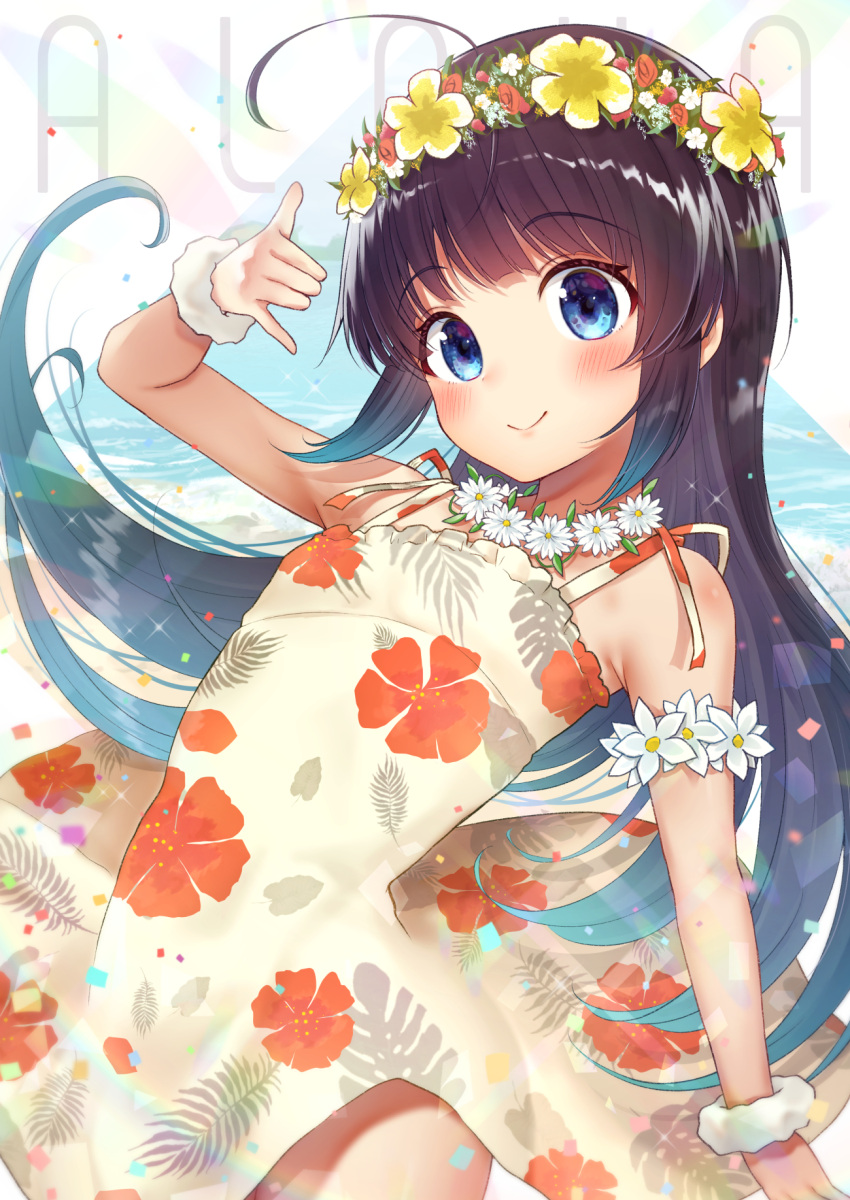 1girl ahoge bare_arms bare_shoulders black_hair blue_eyes blush brown_dress closed_mouth commentary_request dress floating_hair floral_print flower flower_wreath gyozanuko hand_up head_wreath highres hinatsuru_ai leaning_back long_hair print_dress red_flower red_rose rose ryuuou_no_oshigoto! sidelocks sleeveless sleeveless_dress smile solo very_long_hair white_flower yellow_flower