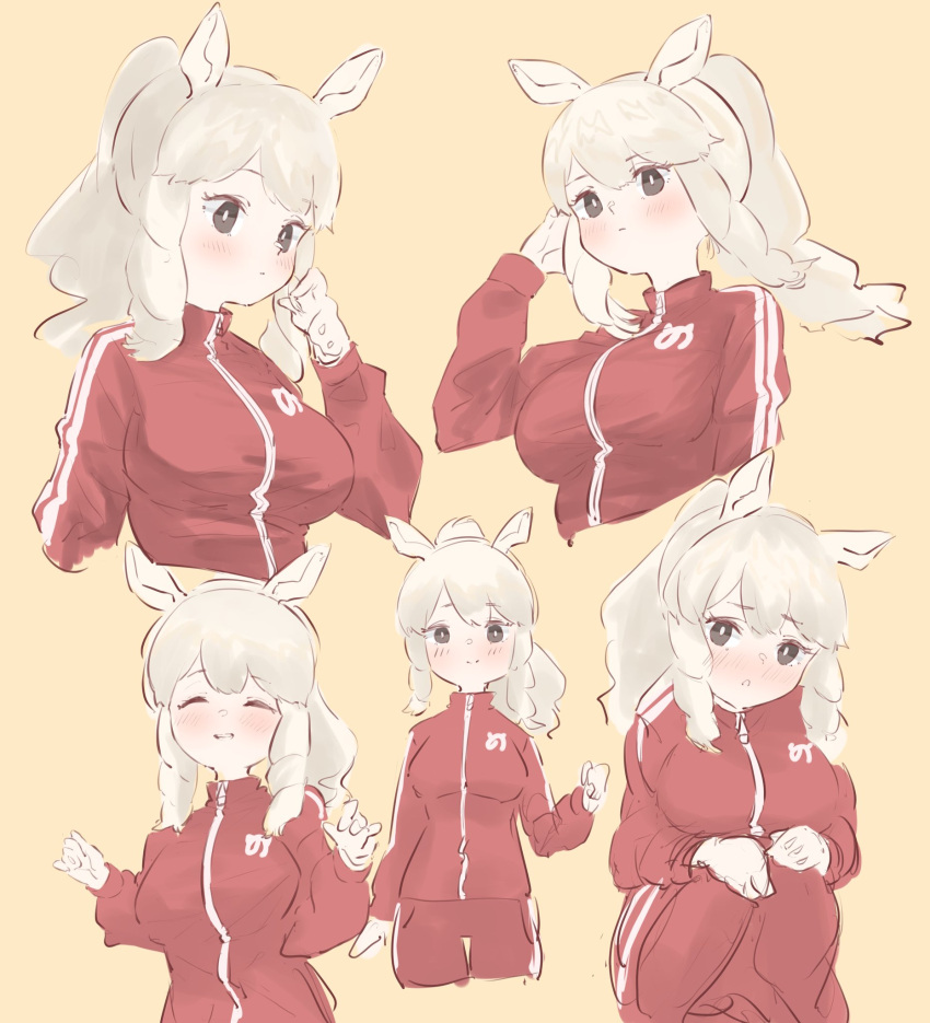 1girl ^_^ animal_ears black_eyes blonde_hair blush breasts closed_eyes commentary curly_hair facing_viewer grin hand_up highres jacket japari_symbol kemono_friends kemono_friends_3 kona_ming large_breasts long_hair long_sleeves looking_at_viewer multiple_views pants ponytail red_jacket red_pants rhinoceros_ears simple_background sketch smile track_jacket track_pants track_suit white_rhinoceros_(kemono_friends) yellow_background