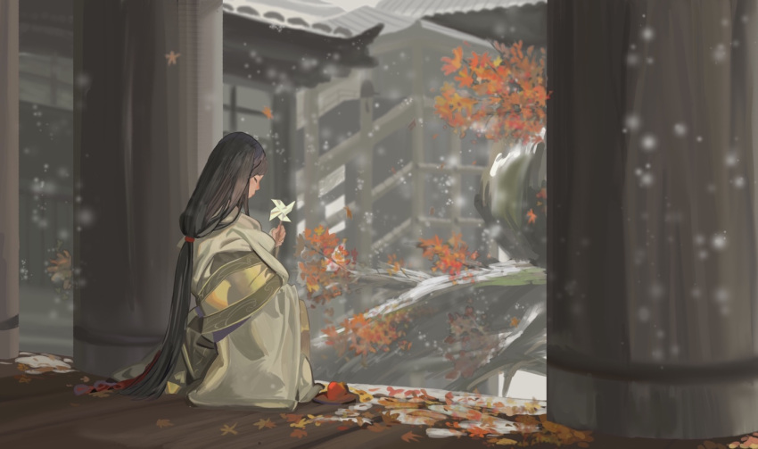 1girl architecture autumn_leaves black_hair closed_eyes day divine_child_of_rejuvenation east_asian_architecture hair_tie long_hair outdoors pinwheel rinfu sekiro:_shadows_die_twice sitting snowing solo very_long_hair wide_sleeves