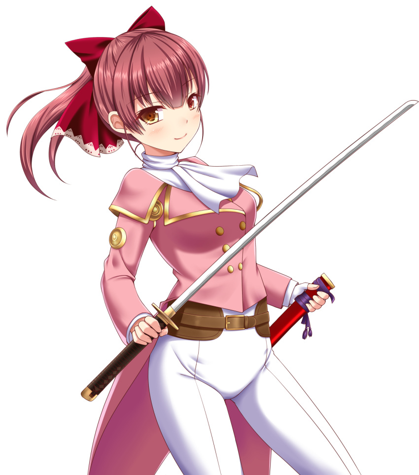 1girl bangs bow breasts brown_eyes brown_hair closed_mouth commentary_request cosplay eyebrows_visible_through_hair hair_between_eyes hair_bow highres holding holding_sheath holding_sword holding_weapon hololive houshou_marine jacket katana ki_(kk-sk-ray) long_hair long_sleeves medium_breasts pants pink_jacket ponytail red_bow sakura_taisen sheath shinguuji_sakura shinguuji_sakura_(cosplay) sidelocks simple_background smile solo sword unsheathed virtual_youtuber weapon white_background white_neckwear white_pants