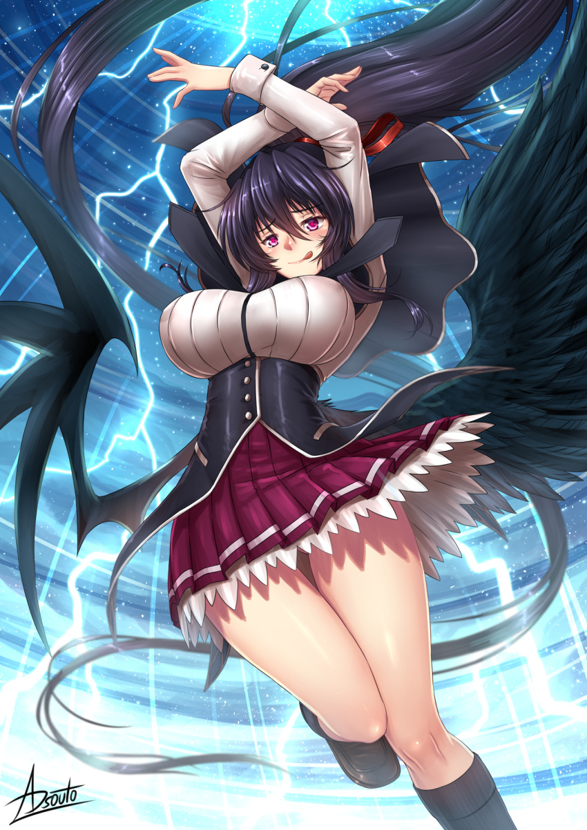 1girl adsouto angel_wings bat_wings black_hair black_wings blush breasts commentary demon_wings english_commentary feathered_wings high_school_dxd highres himejima_akeno kuoh_academy_school_uniform large_breasts large_wings lightning long_hair long_ponytail looking_at_viewer pleated_skirt ponytail ribbon school_uniform skirt smile socks solo very_long_hair violet_eyes wings