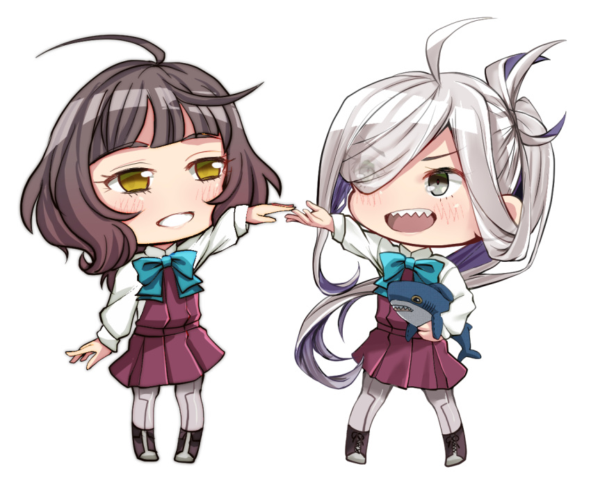 2girls ahoge asashimo_(kantai_collection) bangs blunt_bangs boots brown_eyes brown_hair chibi commentary_request cross-laced_footwear dress eyebrows_visible_through_hair full_body grey_eyes grey_legwear hair_over_one_eye halterneck ikea_shark kantai_collection kishinami_(kantai_collection) lace-up_boots long_hair long_sleeves multiple_girls pantyhose parted_lips pleated_dress ponytail purple_dress purple_legwear school_uniform seamed_legwear sharp_teeth shirt short_hair side-seamed_legwear silver_hair simple_background smile standing stuffed_animal stuffed_shark stuffed_toy teeth wavy_hair white_background white_shirt yunoji_yusuke