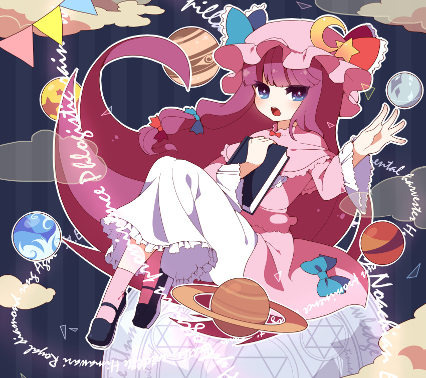 +_+ 1girl bangs black_footwear blue_background blue_bow blue_eyes blunt_bangs book bow capelet clouds commentary_request crescent english_text frilled_sleeves frills hair_bow hat hat_bow hexagram highres holding holding_book jupiter kozakura_(dictionary) long_hair long_sleeves magic_circle mob_cap open_mouth patchouli_knowledge pennant pink_headwear pink_legwear pink_shirt pink_skirt planet purple_hair red_bow saturn shirt shoes skirt socks solo source_quote star star-shaped_pupils string_of_flags striped striped_background symbol-shaped_pupils touhou very_long_hair