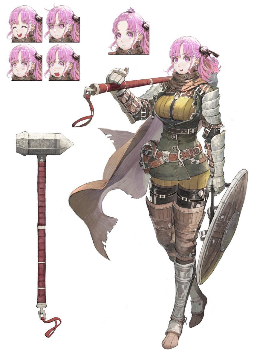 1girl :d angry armor armored_boots belt belt_pouch boots breasts character_sheet commentary_request earrings expressions full_body gauntlets hair_ribbon hammer happy highres jewelry jun_(seojh1029) large_breasts looking_at_viewer open_mouth original over_shoulder pink_eyes pink_hair pouch ribbon sad scarf shield smile solo surprised upper_teeth weapon weapon_over_shoulder white_background