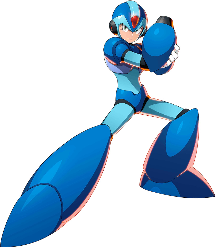 1boy android arm_cannon capcom full_body green_eyes helmet highres holding_arm looking_at_viewer male_focus mizuno_keisuke official_art rockman rockman_x serious solo transparent_background weapon x_(rockman)