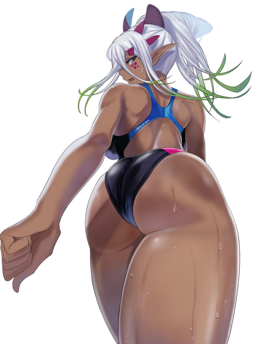 1girl absurdres artist_name ass bangs bare_arms bare_shoulders clenched_hand commentary_request competition_swimsuit dark_skin dutch_angle elf facial_mark from_behind gradient gradient_hair green_hair highres long_hair looking_at_viewer looking_back mi_mi_ham multicolored_hair one-piece_swimsuit open_mouth original pointy_ears rikka_(mi_mi_ham) shiny shiny_skin sidelocks signature simple_background sweat sweatdrop swimsuit thighs tied_hair violet_eyes white_background