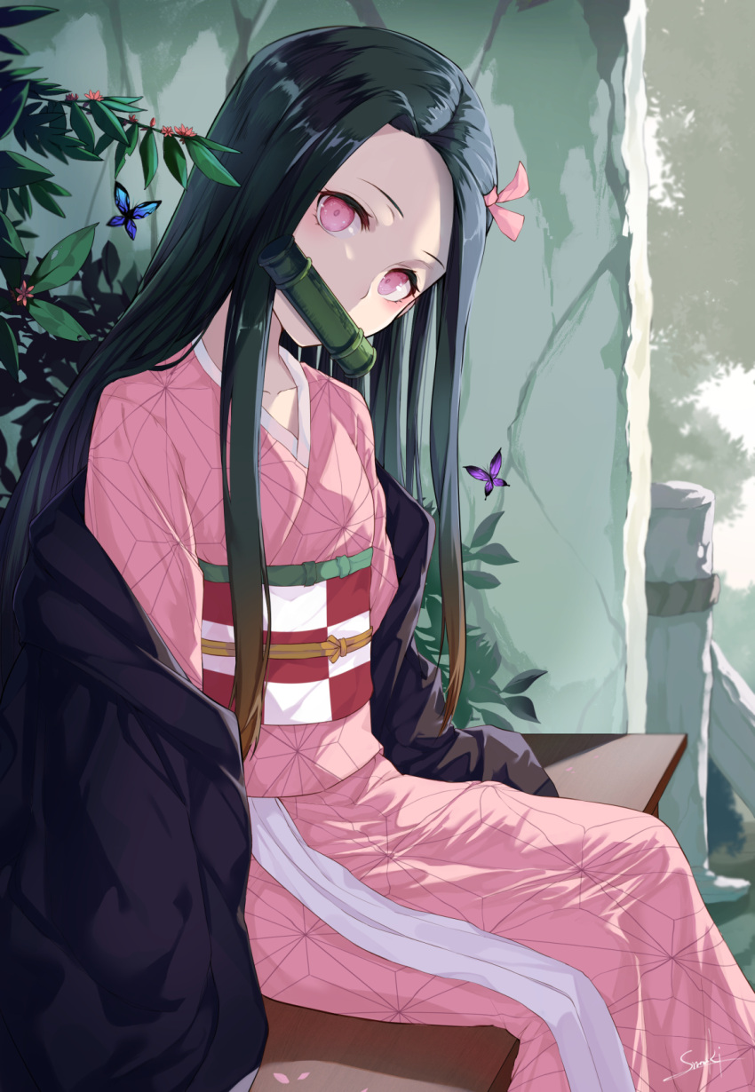 1girl bamboo bit_gag black_cloak black_hair blue_butterfly bug butterfly checkered_obi cloak commentary_request from_side gag hair_ribbon haori head_tilt highres insect japanese_clothes kamado_nezuko kimetsu_no_yaiba kimono looking_at_viewer looking_to_the_side mouth_hold multicolored_hair on_bench orange_hair outdoors pink_eyes pink_kimono pink_ribbon purple_butterfly revision ribbon signature snozaki solo two-tone_hair