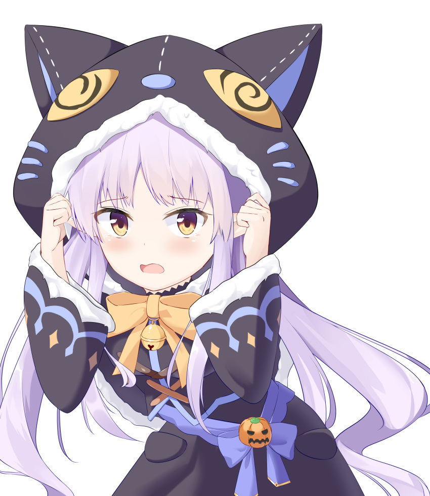 1girl absurdres animal_ears animal_hood arms_up bell black_jacket black_skirt blue_bow blush bow brown_bow brown_eyes cat_ears cat_hood commentary_request fake_animal_ears fur-trimmed_hood fur-trimmed_sleeves fur_trim hands_up highres hikawa_kyoka hood hood_up jack-o'-lantern jacket jingle_bell long_hair long_sleeves open_mouth pointy_ears princess_connect! princess_connect!_re:dive purple_hair roido_(taniko-t-1218) simple_background skirt solo tears twintails very_long_hair white_background wide_sleeves