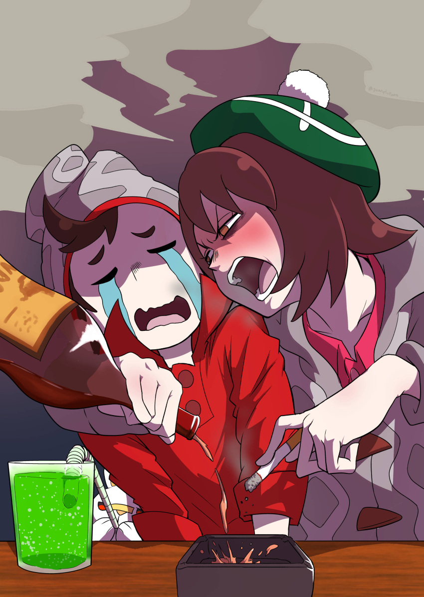 1boy 1girl absurdres alcohol angry ashtray beret blush bob_cut bottle brown_hair cigarette collared_shirt crying drink drinking drinking_straw drunk face-to-face female_protagonist_(pokemon_swsh) flushed gomesu_(gomes0343) green_headwear grey_sweater hat highres male_protagonist_(pokemon_swsh) melon_soda open_mouth pokemon pokemon_(creature) pokemon_(game) pokemon_swsh pom_pom_(clothes) pouring red_shirt scorbunny shirt shouting smoke sweater t_t tam_o'_shanter tears woollen_cap