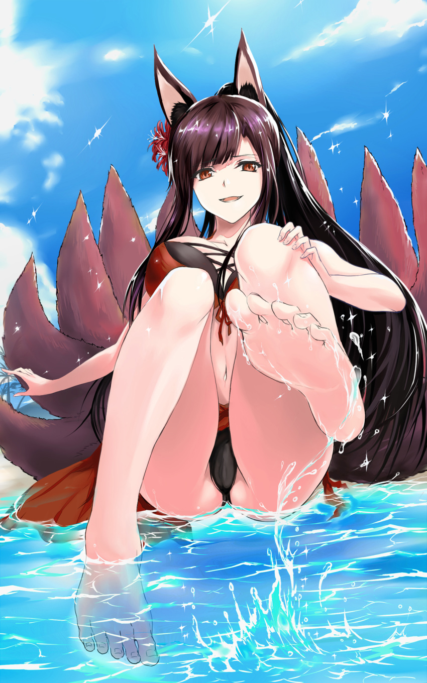 1girl akagi_(azur_lane) akagi_(paradise_amaryllis)_(azur_lane) animal_ears ass azur_lane bangs barefoot beach black_hair breasts brown_eyes clouds cloudy_sky collarbone commentary_request day feet fengya highres large_breasts long_hair looking_at_viewer multiple_tails navel open_mouth palm_tree partially_submerged revision sitting sky smile soles solo splashing swimsuit tail thighs toes tree water