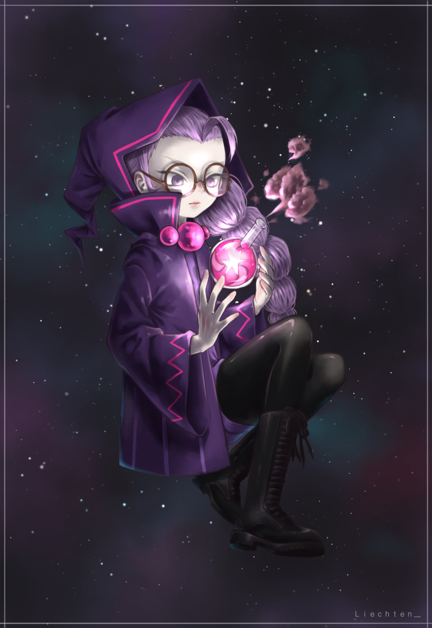 1girl absurdres alchemist_cookie artist_name black_footwear black_legwear boots bottle braid closed_mouth cookie_run full_body glasses highres hood jacket long_hair long_sleeves purple_hair purple_jacket schwarz93 shoes sidelocks smoke solo twin_braids