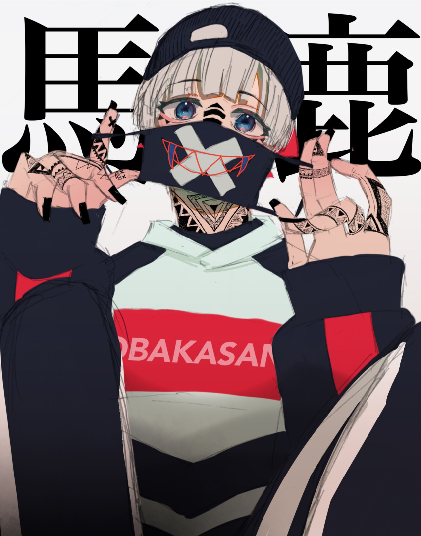 1boy aoishi_pachira backwards_hat bangs baseball_cap black_nails blue_eyes eyebrows_visible_through_hair face_mask hand_tattoo hat highres looking_at_viewer male_focus mask neck_tattoo original romaji_text simple_background solo tattoo traditional_media white_background white_hair