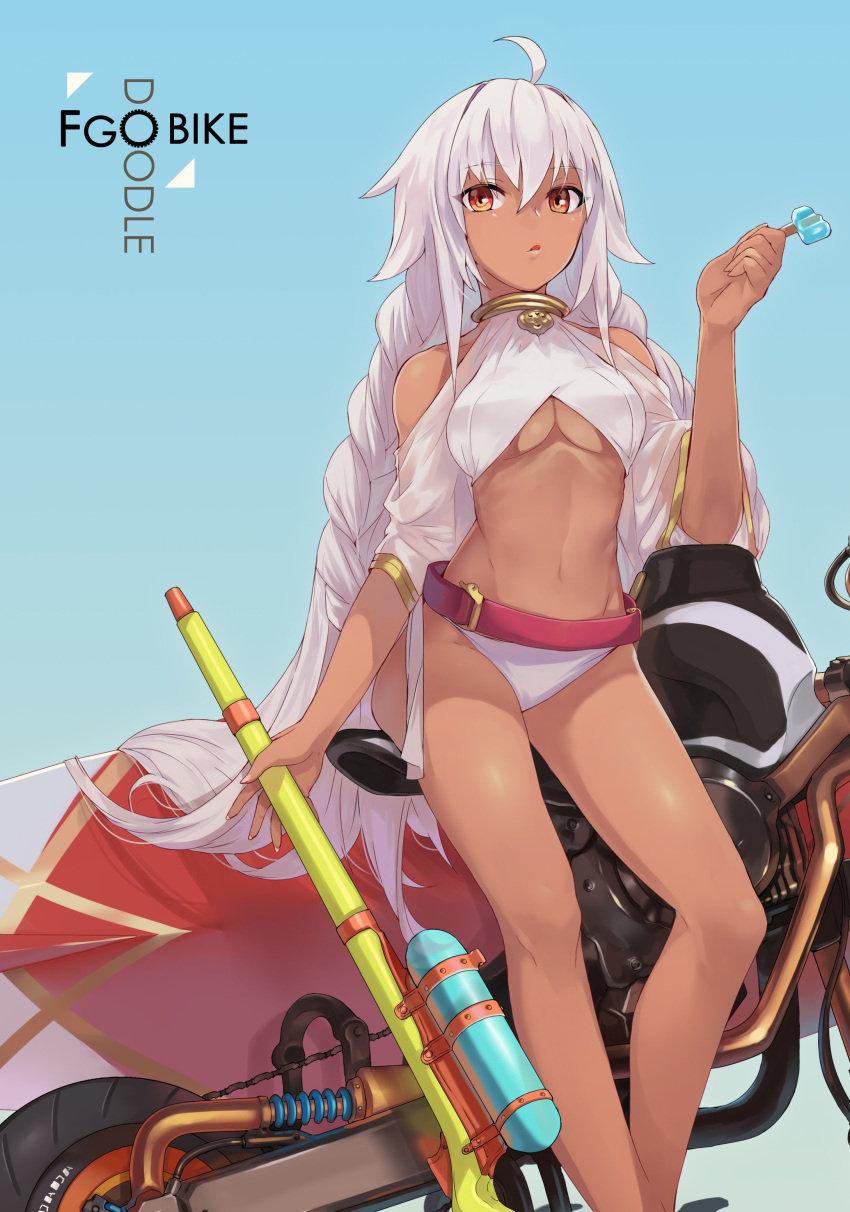 1girl absurdres ahoge bangs bare_legs bare_shoulders bare_thighs belt bikini bracelet braid breasts commentary_request dark_skin eyebrows eyebrows_visible_through_hair fate/grand_order fate_(series) food foot_out_of_frame gradient gradient_background ground_vehicle highres holding jewelry lakshmibai_(fate/grand_order) legs legs_apart lips long_hair looking_at_viewer medium_breasts motor_vehicle motorcycle navel ohland open_eyes open_mouth popsicle red_eyes shiny shiny_skin simple_background solo swimsuit tied_hair tongue tongue_out underboob water_gun white_hair white_swimsuit wristband
