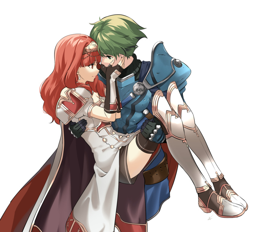 1boy 1girl alm_(fire_emblem) armor armored_boots black_legwear bodysuit boots cape carrying celica_(fire_emblem) couple dress earrings face-to-face fingerless_gloves fire_emblem fire_emblem_echoes:_shadows_of_valentia gloves green_eyes green_hair hand_on_another's_face hetero highres jewelry looking_at_another misu_kasumi princess_carry red_eyes redhead ribbed_bodysuit signature simple_background smile thigh-highs thigh_boots thighhighs_under_boots tiara white_background white_dress white_footwear