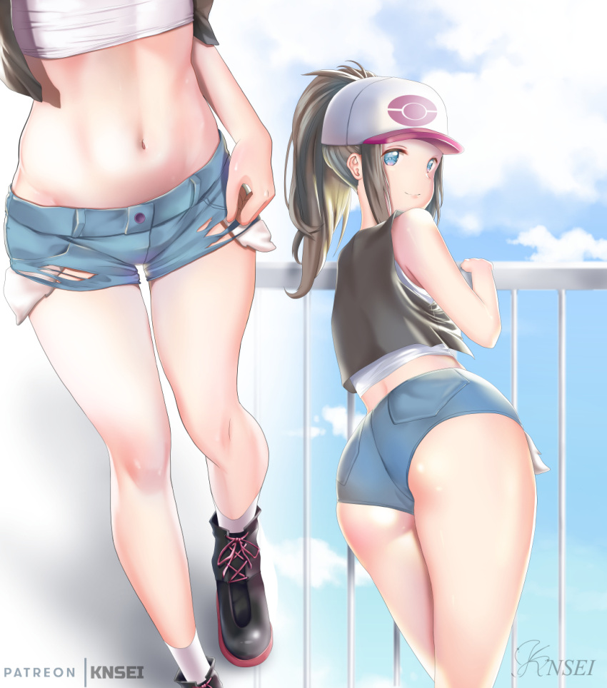 1girl artist_name bare_shoulders baseball_cap blue_eyes blue_sky brown_hair close-up clouds day half-closed_eyes hat highres knsei looking_at_viewer looking_back midriff navel pokemon pokemon_(game) pokemon_bw ponytail railing short_shorts shorts sky smile solo stomach touko_(pokemon) vest