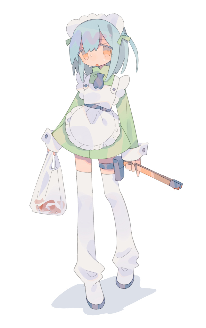 1girl :o absurdres apron bag bangs belt black_belt black_neckwear blue_hair daizu_(melon-lemon) dress eyebrows_visible_through_hair frilled_apron frills full_body gradient_eyes green_dress hair_ornament hairband highres holding long_sleeves looking_at_viewer multicolored multicolored_eyes no_nose open_mouth orange_eyes original plastic_bag shadow shopping simple_background sleeve_cuffs solo standing sweat tareme white_apron white_background white_hairband white_legwear