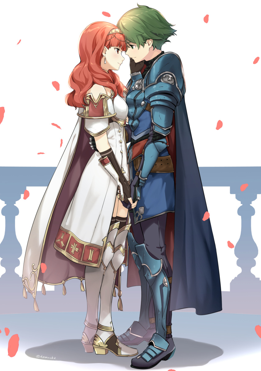 1boy 1girl alm_(fire_emblem) armor armored_boots black_legwear bodysuit boots cape celica_(fire_emblem) couple dress earrings face-to-face fingerless_gloves fire_emblem fire_emblem_echoes:_mou_hitori_no_eiyuuou fire_emblem_echoes:_shadows_of_valentia fire_emblem_gaiden full_body gloves green_eyes green_hair hairband hand_on_another's_face hetero highres holding_hands intelligent_systems jewelry looking_at_another love medium_hair misu_kasumi nintendo pants petals railing red_eyes redhead ribbed_bodysuit shin_guards short_hair simple_background smile standing thigh-highs thigh_boots thighhighs_under_boots thighs twitter_username white_background white_dress white_footwear