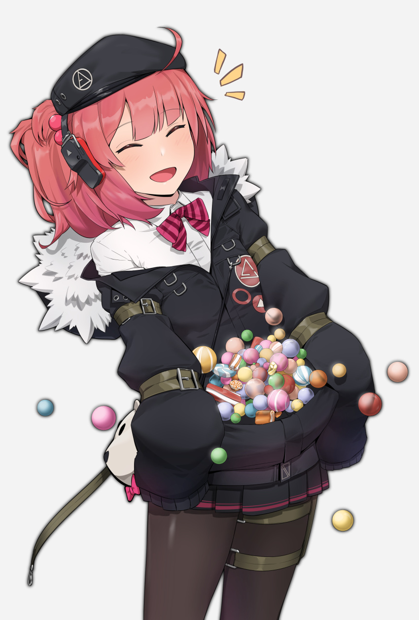 1girl absurdres ahoge bangs beret black_jacket black_legwear black_skirt blush bow bowtie breasts brown_legwear candy closed_eyes eyebrows_visible_through_hair facing_viewer food fur fur-trimmed_jacket fur_trim girls_frontline grey_background hair_ornament hat headphones headset highres holding holding_candy jacket lollipop long_hair long_sleeves mp7_(girls_frontline) off_shoulder open_mouth pantyhose pink_bow pink_hair pink_neckwear shirt simple_background skirt smile solo standing strap thigh_strap too_long white_shirt youjja