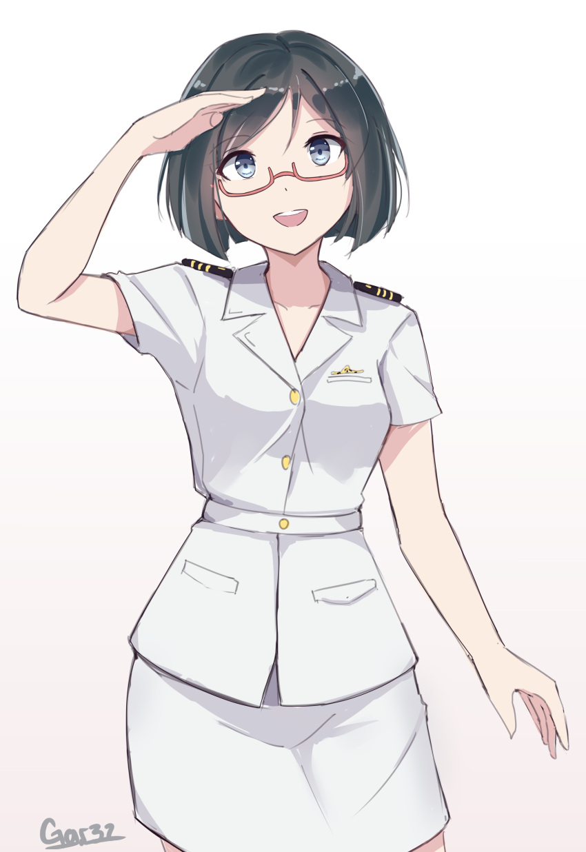 1girl :d absurdres alternate_costume arm_up black_hair breasts brown_background collarbone collared_shirt commentary gradient gradient_background highres kantai_collection kirishima_(kantai_collection) open_mouth pencil_skirt pink-framed_eyewear round_teeth salute semi-rimless_eyewear shirt short_hair short_sleeves signature skirt small_breasts smile solo teeth tegar32 under-rim_eyewear uniform upper_teeth white_background white_shirt white_skirt