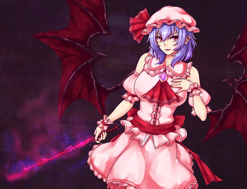 1girl amethyst_(gemstone) bangs bat_wings blouse blue_hair breasts brooch commentary cowboy_shot cravat detached_sleeves expressionless fangs fangs_out fingernails frilled_shirt_collar frills gradient gradient_background hair_between_eyes hand_on_own_chest hat hat_ribbon highres holding holding_spear holding_weapon jewelry large_breasts leaning_to_the_side looking_at_viewer mob_cap open_mouth parted_lips pink_blouse pink_skirt pointy_ears polearm puffy_short_sleeves puffy_sleeves red_eyes red_nails red_neckwear remilia_scarlet ribbon sash sharp_fingernails short_hair short_sleeves skirt skirt_set slit_pupils smoke solo spear spear_the_gungnir standing touhou tsurime weapon wings wrist_cuffs zeramu