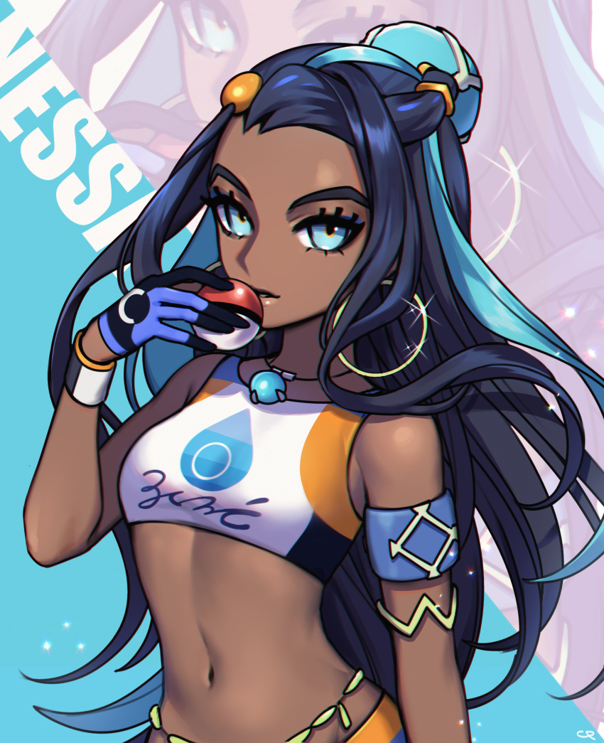 1girl armlet black_hair blue_eyes blue_gloves blue_hair bracelet breasts clearpage dark_skin floating_hair gloves hair_ornament highres holding holding_poke_ball jewelry long_hair looking_at_viewer midriff multicolored_hair navel poke_ball pokemon pokemon_(game) pokemon_swsh rurina_(pokemon) small_breasts solo stomach two-tone_hair upper_body very_long_hair white_bikini_top