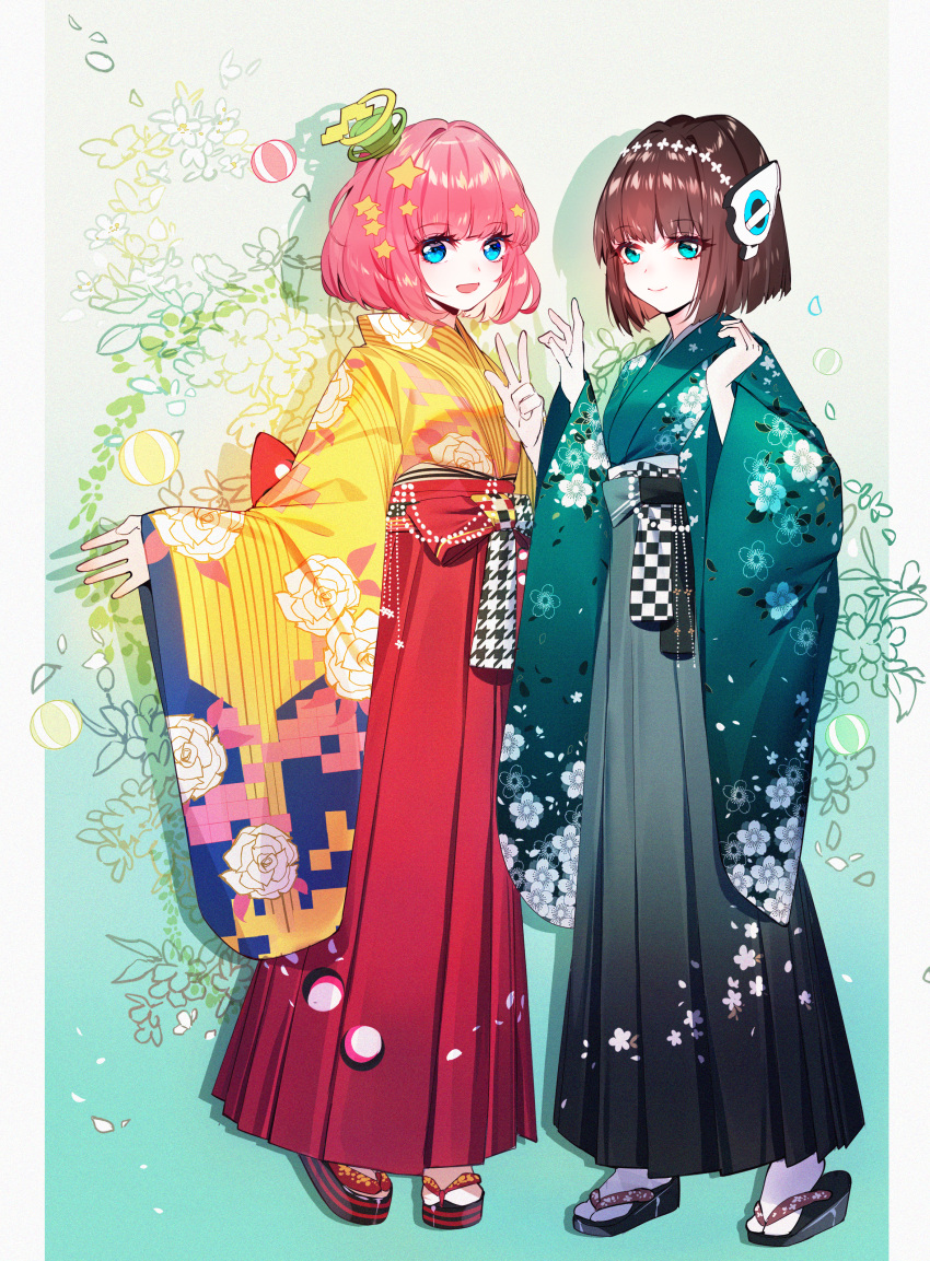 2girls :d absurdres ball bangs baocaizi black_footwear black_hakama blue_eyes blush brown_hair closed_mouth commentary eyebrows_visible_through_hair floral_background floral_print gradient gradient_hakama green_kimono grey_hakama hair_ornament hakama hand_up hands_up headgear highres huge_filesize humagear_headphones is_(kamen_rider_01) japanese_clothes kamen_rider kamen_rider_01_(series) kamen_rider_ex-aid_(series) kimono long_sleeves multiple_girls open_mouth pink_hair poppi_pipopapo print_kimono red_hakama short_hair sleeves_past_wrists smile socks star star_hair_ornament tabi v white_legwear wide_sleeves yellow_kimono zouri