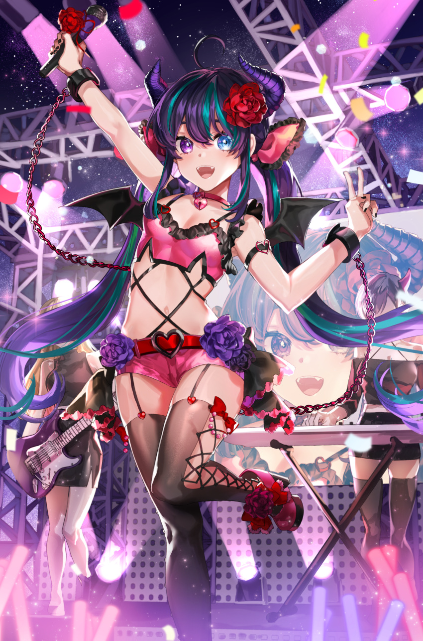 1girl 3girls :d ahoge aqua_hair arm_strap arm_up armpit_peek bare_shoulders bat_wings belt black_legwear black_shirt blue_eyes breasts chain choker crop_top cuffs demon_horns electric_guitar fang flower garter_straps glowstick guitar hand_up handcuffs heart-shaped_lock heterochromia highres holding horns idol instrument keyboard_(instrument) leg_up long_hair looking_at_viewer medium_breasts micro_shorts microphone midriff multicolored_hair multiple_girls nail_polish navel off-shoulder_shirt off_shoulder open_mouth original pink_shirt pink_shorts purple_hair revealing_clothes rose s2riridoll shirt shoes shorts sidelocks sleeveless sleeveless_shirt smile solo solo_focus stage_lights stomach thigh-highs twintails two-tone_hair v very_long_hair violet_eyes wings