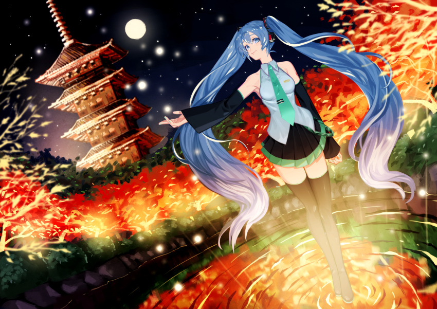 1girl autumn blue_eyes blue_hair boots detached_sleeves dutch_angle forest full_moon hatsune_miku headphones headset highres juu_satoshi kyoto long_hair moon nature necktie outstretched_arm pagoda ripples solo standing standing_on_liquid thigh-highs thigh_boots twintails very_long_hair vocaloid