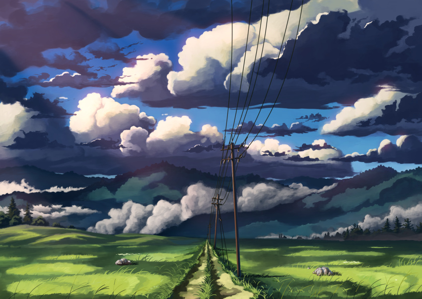 choc0_(oda0208) clouds commentary_request day dirt_road field grass highres mountain nature no_humans original outdoors power_lines road rock scenery sky sunlight telephone_pole tree