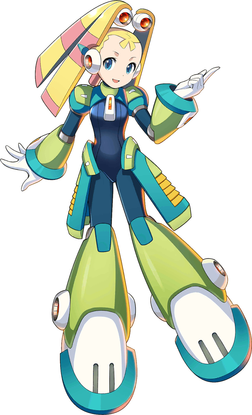 1girl android blonde_hair blue_eyes breasts capcom full_body gloves head_tilt highres index_finger_raised looking_at_viewer mizuno_keisuke official_art open_mouth palette_(rockman) robot_ears rockman rockman_x small_breasts smile solo transparent_background white_gloves