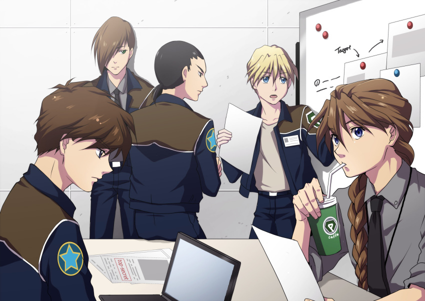 5boys back black_neckwear blonde_hair braid brown_hair chang_wufei computer cup disposable_cup drinking drinking_straw duo_maxwell english_text expressionless green_eyes gundam gundam_wing hair_over_one_eye heero_yuy highres holding holding_drink holding_paper jacket laptop long_hair male_focus multiple_boys necktie open_mouth paper ponytail profile quatre_raberba_winner rei_(usabiba) single_braid table trowa_barton upper_body violet_eyes
