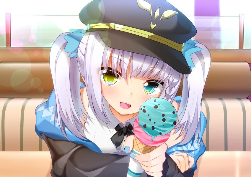 1girl absurdres bangs black_jacket blue_eyes blue_nails blue_ribbon blush braid breasts feeding food growing_naru hair_ribbon hat heterochromia highres holding holding_food ice_cream ice_cream_cone indoors jacket kagura_mea_channel kagura_meu leaning_forward long_hair looking_at_viewer medium_breasts off_shoulder open_mouth peaked_cap pov_feeding ribbon seat side_braid silver_hair sitting smile solo table twintails upper_body virtual_youtuber yellow_eyes