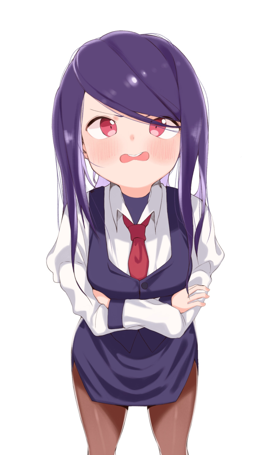 1girl bangs blush brown_legwear collared_shirt commentary_request crossed_arms eyebrows_behind_hair girls_frontline highres jill_stingray long_hair long_sleeves looking_at_viewer necktie open_mouth pantyhose purple_hair purple_skirt purple_vest red_eyes red_neckwear round_teeth shirt simple_background skirt solo swept_bangs teeth tosyeo upper_teeth va-11_hall-a vest white_background white_shirt