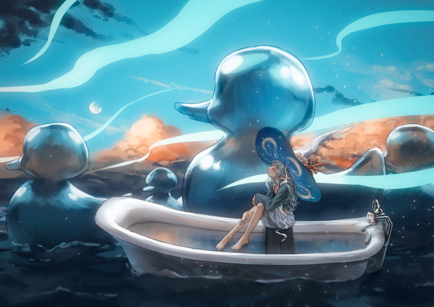 0x3 1girl absurdres afloat barefoot bathtub bloomers blue_headwear blue_nails blue_shirt boat closed_eyes clouds commentary coral from_side hair_ornament hat hat_ornament highres jewelry long_sleeves moon original pointy_ears rubber_duck shirt sky slipper_bathtub solo underwear water watercraft waves witch witch_hat
