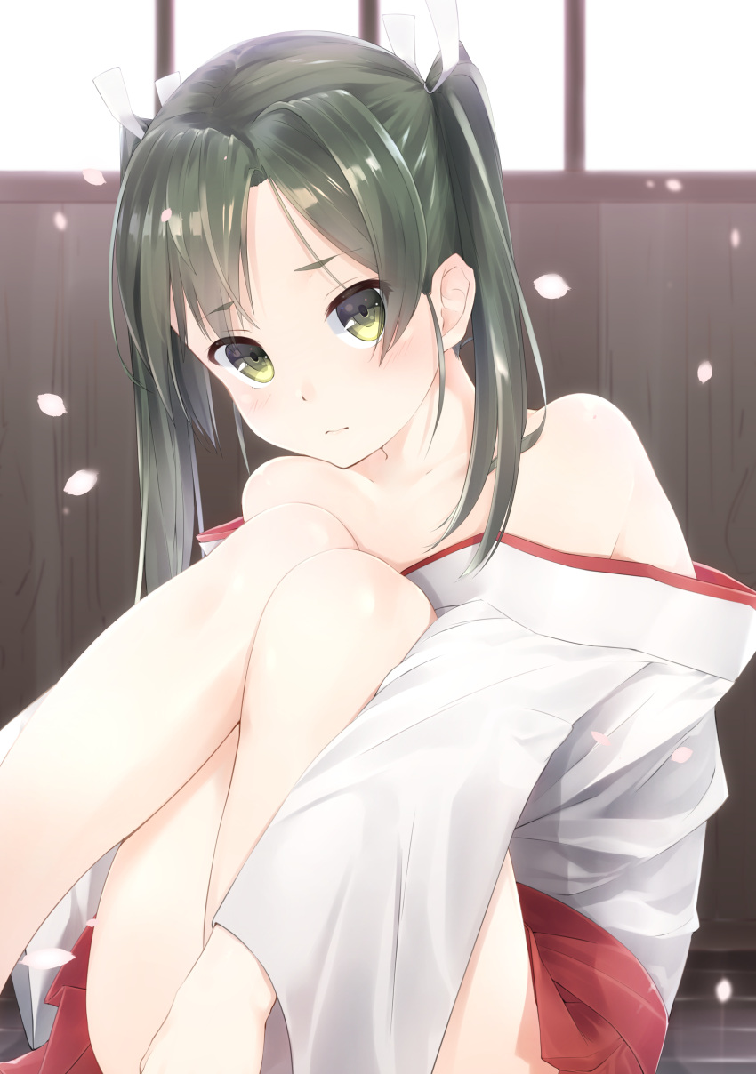 1girl absurdres bangs bare_legs bare_shoulders blush collarbone eyebrows_visible_through_hair folded_leg green_eyes green_hair hair_ribbon hakama hakama_skirt highres indoors japanese_clothes kantai_collection long_hair long_sleeves looking_at_viewer off_shoulder petals red_hakama ribbon sitting solo twintails white_ribbon zetsuriinu_(kairyougata) zuikaku_(kantai_collection)