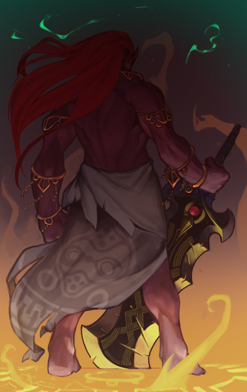 1boy armlet barefoot blnk bracelet clenched_hand commentary dark_skin english_commentary from_behind full_body ganondorf gerudo hand_on_hilt highres huge_weapon jewelry long_hair male_focus manly muscle planted_sword planted_weapon pointy_ears redhead sarong solo sword the_legend_of_zelda the_legend_of_zelda:_breath_of_the_wild the_legend_of_zelda:_breath_of_the_wild_2 topless weapon