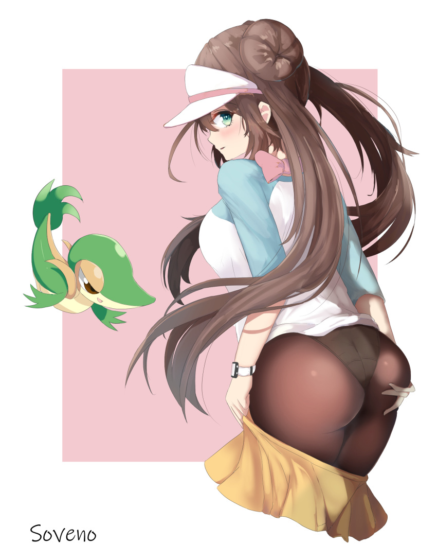 1girl ass black_legwear blue_eyes blush bow breasts brown_hair commentary_request double_bun highres long_hair looking_at_viewer mei_(pokemon) pantyhose pink_bow pokemon pokemon_(creature) pokemon_(game) pokemon_masters short_shorts shorts smile solo soveno twintails visor_cap yellow_shorts