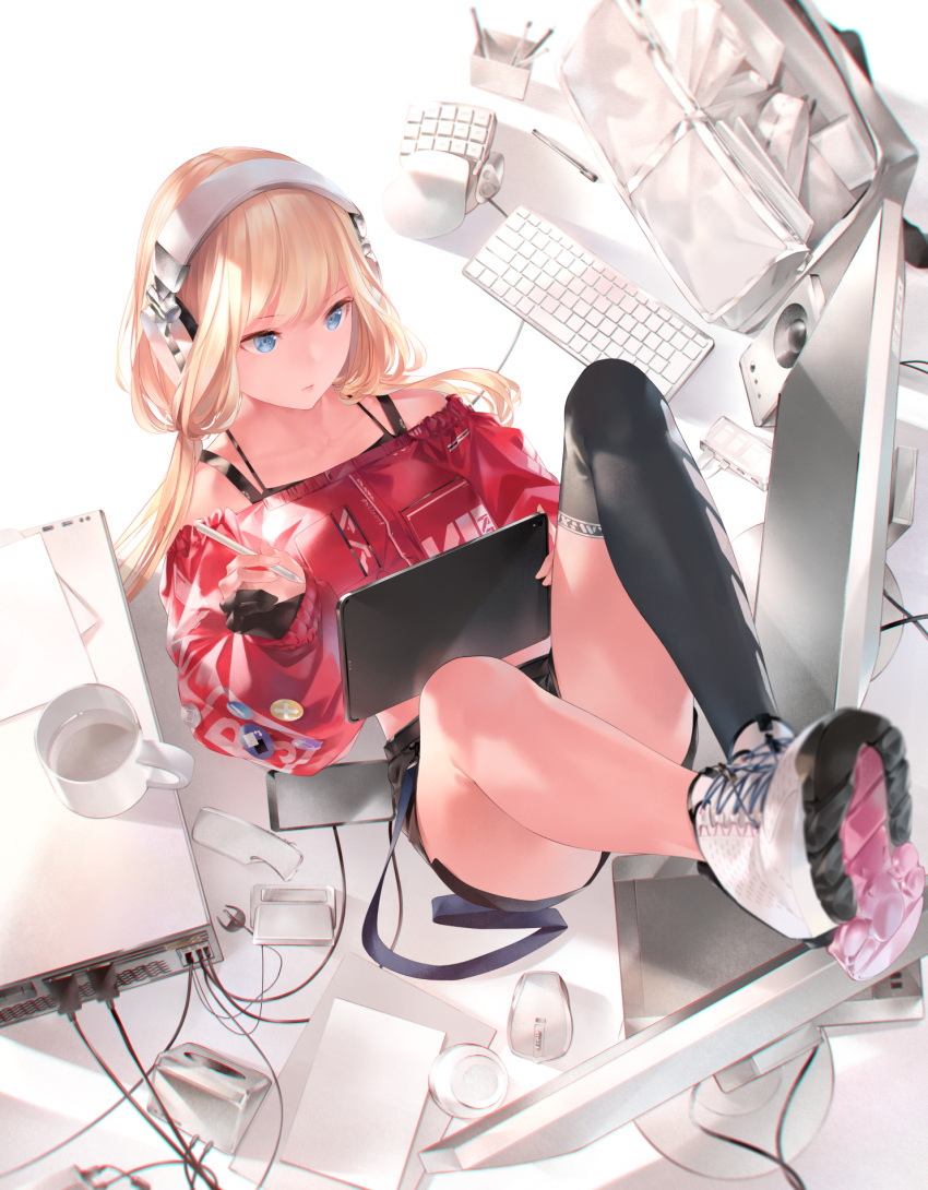 1girl bare_shoulders belt black_legwear black_shirt black_shorts blonde_hair blue_eyes cable cellphone closed_mouth commentary_request cup from_above gloves headphones highres holding holding_stylus jacket keyboard_(computer) knees_up long_hair long_sleeves looking_away low_twintails midriff monitor mouse_(computer) mug off_shoulder original partly_fingerless_gloves pen phone puffy_sleeves red_jacket shirt shoes short_shorts shorts single_thighhigh sleeveless sleeveless_shirt smartphone sneakers solo sousou_(sousouworks) stylus tablet_pc thigh-highs thighs twintails white_footwear white_theme