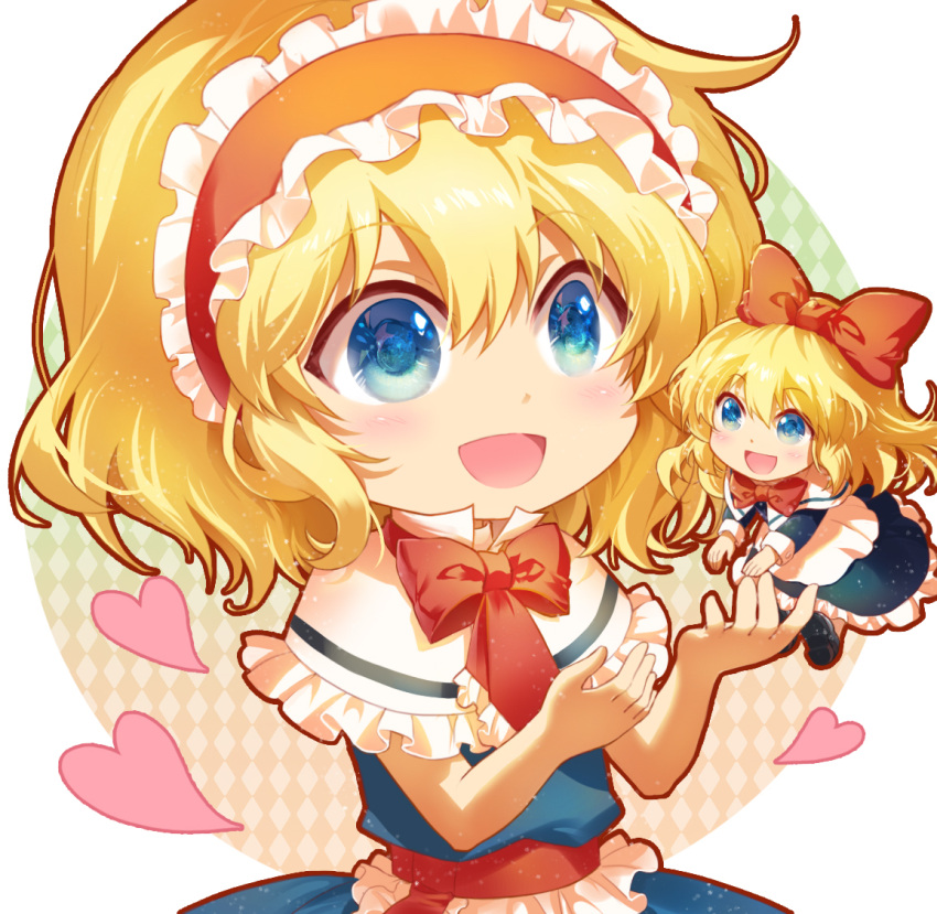 1girl alice_margatroid blonde_hair blue_eyes capelet chibi doll dress eyebrows_visible_through_hair frilled_dress frilled_hairband frills hair_between_eyes hairband heart long_sleeves looking_at_another open_mouth red_neckwear shangguan_feiying shanghai_doll short_hair short_sleeves smile touhou