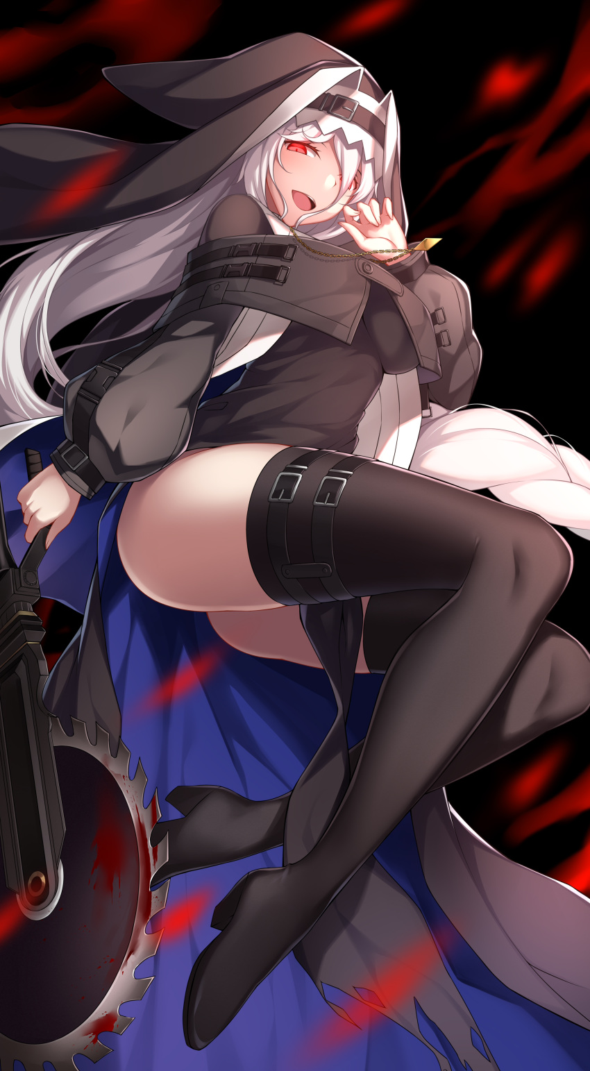 1girl absurdres arknights ass bangs belt belt_buckle black_belt black_capelet black_coat black_footwear black_headwear black_legwear blood boots breasts buckle capelet circular_saw coat commentary_request eyebrows_behind_hair full_body grey_hair habit hair_between_eyes hand_up highres holding holding_weapon jewelry long_hair long_sleeves looking_at_viewer medium_breasts necklace open_clothes open_coat pelvic_curtain red_eyes saw sidelocks smile solo specter_(arknights) thigh-highs thigh_boots thigh_strap thighs weapon zhi_jiyang
