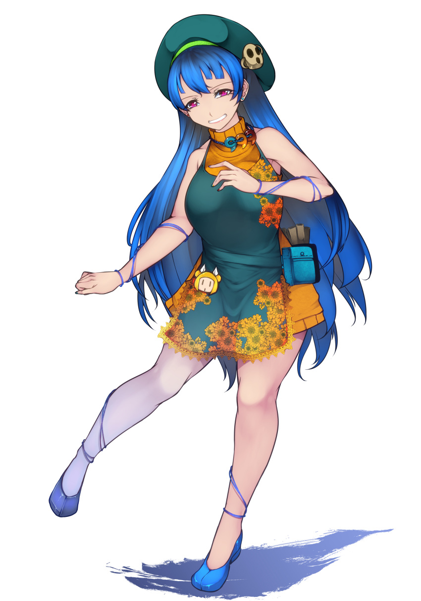 1girl absurdres adapted_costume aoshima apron aqua_apron aqua_headwear bangs bare_arms bare_legs bare_shoulders beret blue_footwear blue_hair commentary_request dress full_body grin haniwa_(statue) haniyasushin_keiki hat highres joutouguu_mayumi long_hair looking_at_viewer orange_dress pouch red_eyes shoes simple_background sleeveless sleeveless_dress sleeveless_turtleneck smile solo thighs touhou turtleneck very_long_hair white_background