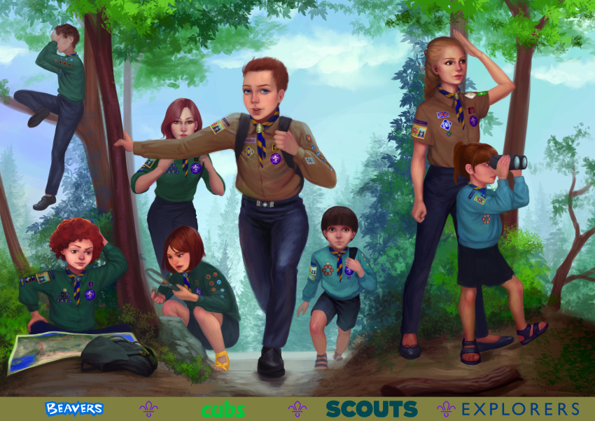 4boys 4girls absurdres backpack badge bag belt belt_buckle binoculars blonde_hair blue_eyes boy_scout brown_eyes brown_hair buckle commission commissioner_upload cub_scout curly_hair english_text flats forest girl_scout green_eyes highres huge_filesize in_tree long_hair long_sleeves magnifying_glass map multiple_boys multiple_girls nature neckerchief original outdoors pants poster redhead rucksack sandals shirt shoes short_hair short_sleeves shorts sitting sitting_in_tree skirt squatting standing sweater tree tychytamara uniform yellow_eyes