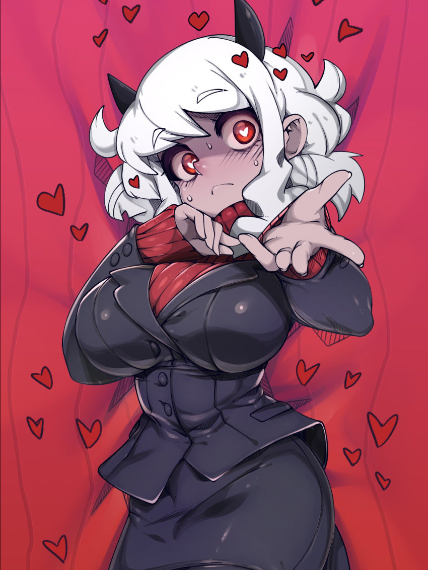 1girl absurdres azazel_(helltaker) black_horns black_suit black_tail breasts demon_girl demon_horns demon_tail formal heart heart-shaped_pupils helltaker highres horns large_breasts lying modeus_(helltaker) on_back red_eyes red_sweater ribbed_sweater shiny shiny_hair shiny_skin short_hair slugbox solo suit sweater symbol-shaped_pupils tail white_horns