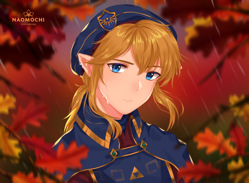 1boy artist_name bangs blonde_hair blue_eyes blue_headwear blue_jacket commentary eyebrows_visible_through_hair face hair_between_eyes hat highres jacket leaf link long_hair looking_at_viewer naomochii outdoors rain solo the_legend_of_zelda the_legend_of_zelda:_breath_of_the_wild triforce