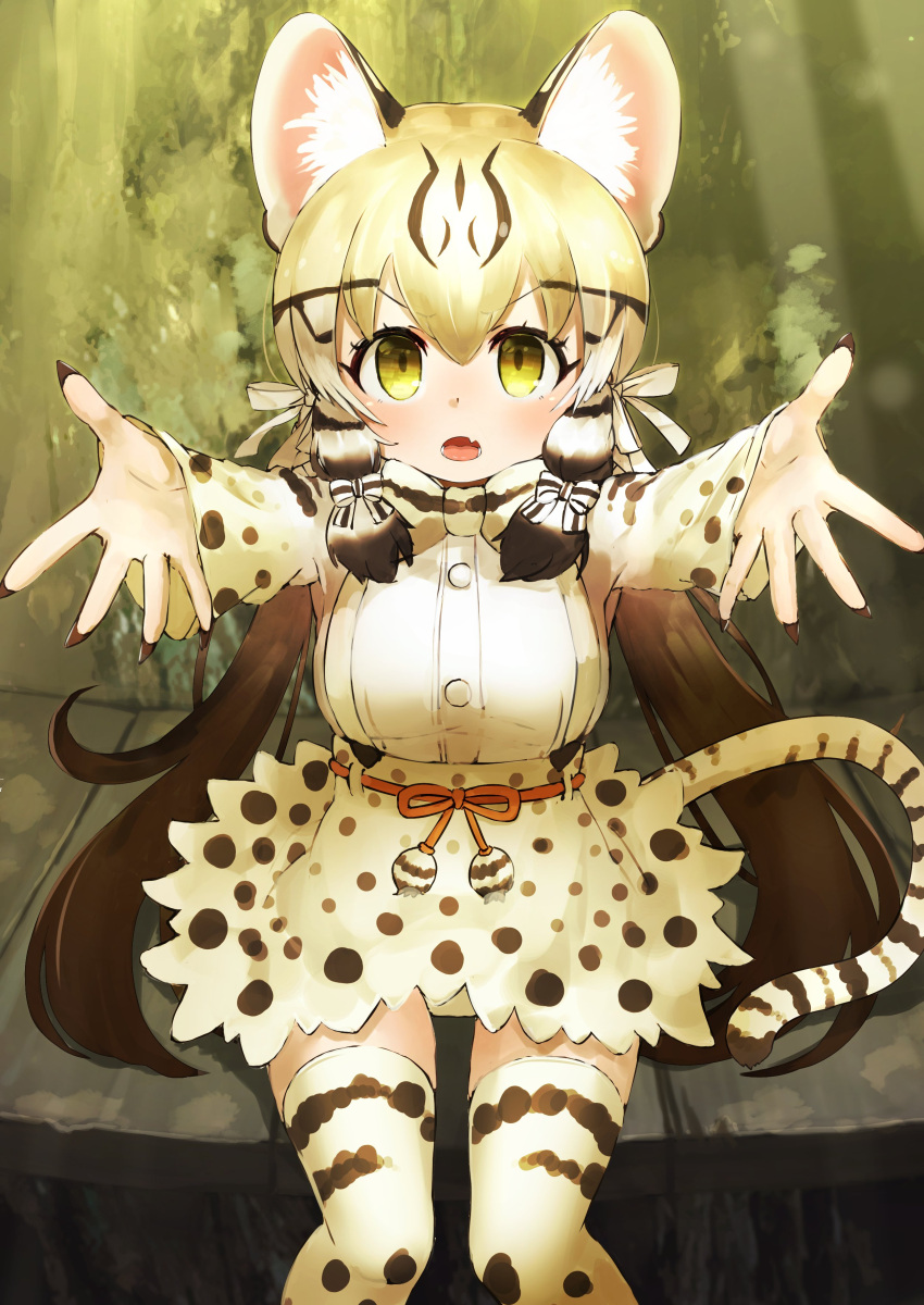 1girl :o absurdres animal_ear_fluff animal_ears animal_print bangs blonde_hair bow bowtie brown_hair carry_me cat_ears cat_tail commentary deku_suke eyebrows_visible_through_hair fang fingernails geoffroy's_cat_(kemono_friends) hair_between_eyes hair_ribbon highres kemono_friends long_fingernails long_hair long_sleeves low_twintails multicolored_hair outstretched_arms panties pantyshot print_legwear print_neckwear print_skirt print_sleeves reaching_out ribbon sharp_fingernails shirt sitting skin_fang skirt solo striped_tail tail thigh-highs twintails two-tone_hair underwear v-shaped_eyebrows very_long_hair white_ribbon white_shirt yellow_eyes