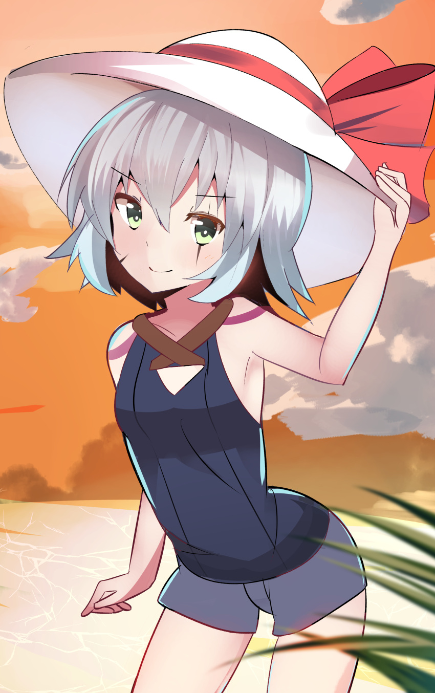 1girl absurdres bangs bare_arms bare_shoulders blue_swimsuit chorome1122 collarbone commentary_request eyebrows_visible_through_hair fate/grand_order fate_(series) green_eyes hair_between_eyes hat hat_ribbon highres jack_the_ripper_(fate/apocrypha) outdoors ribbon short_shorts shorts silver_hat smile solo swimsuit white_headwear