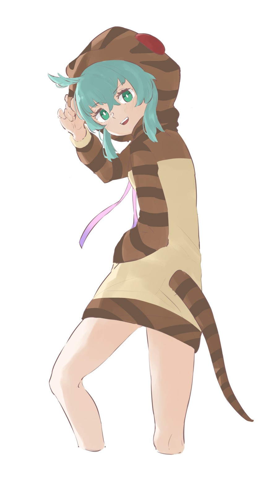 1girl :d absurdres bangs bare_legs cropped_legs crossed_bangs eyebrows_visible_through_hair from_behind green_eyes green_hair hair_between_eyes hand_in_pocket hand_up highres hood hood_up hoodie kemono_friends kona_ming long_sleeves looking_at_viewer looking_back open_mouth pink_ribbon ribbon simple_background smile snake_tail solo striped_sleeves striped_tail tail tail_through_clothes tsuchinoko_(kemono_friends) white_background