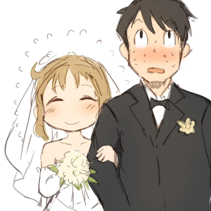1boy 1girl black_hair blush bouquet bow bowtie brown_hair closed_mouth collarbone commentary commentary_request couple dress flower flying_sweatdrops formal highres holding holding_bouquet husband_and_wife locked_arms looking_up nervous nichijou nose_blush open_mouth sakurai_izumi short_hair simple_background sketch smile sookmo suit sweat takasaki_manabu upper_body wedding wedding_dress white_background