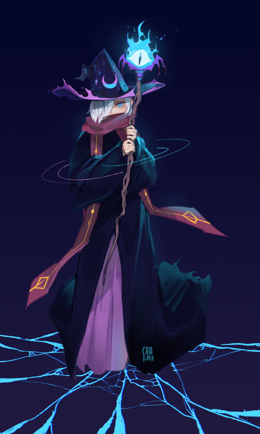 1boy absurdres artist_name blue_eyes broken catallarii cookie_run crack full_body grey_hair hat highres holding holding_staff holding_weapon long_sleeves looking_at_viewer male_focus moon one_eye_closed personification purple_scarf scarf solo staff standing weapon wizard wizard_cookie wizard_hat